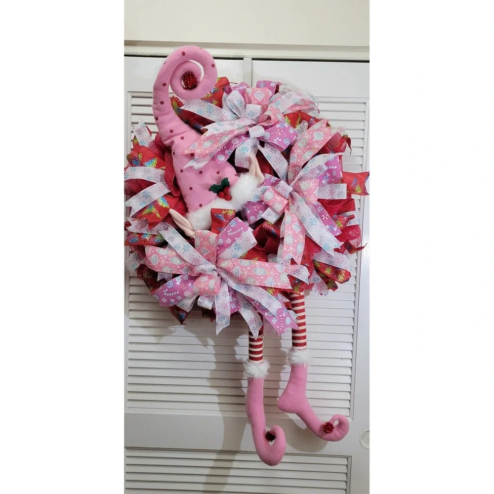 Pink Christmas Elf Wreath Holiday Door Decor Deco Mesh Ribbon 36 Inch Large